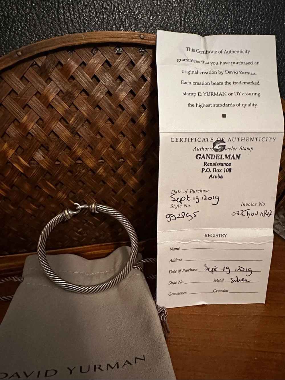 David Yurman Silver 18K 5 MM Buckle Bracelet. With certificate of authenticity.